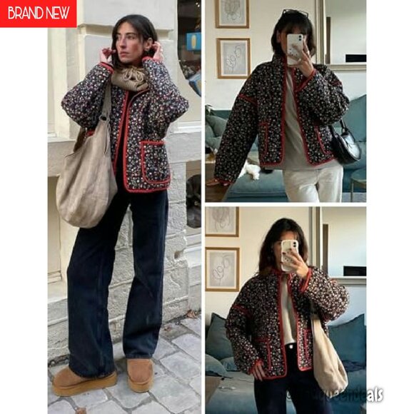 Women's Cropped Quilted Jacket Open Front Lightweight Puffer Coat - Picture 6 of 8